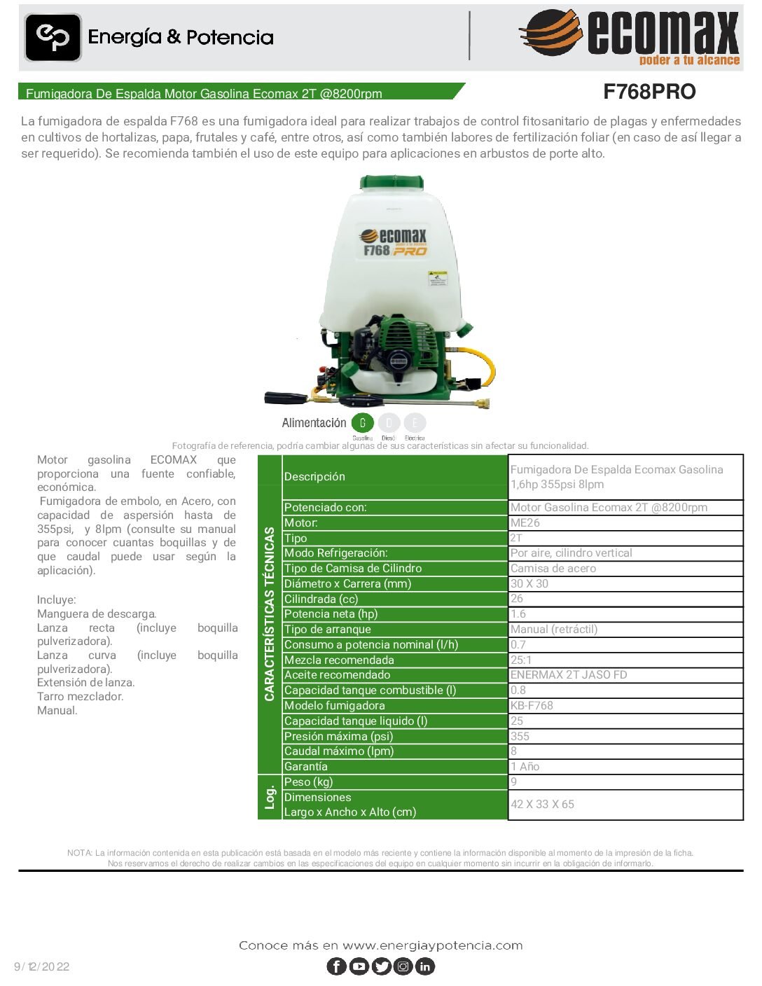 Fumigadora De Espalda Ecomax A Motor F768 2t Verde - Imagen 4