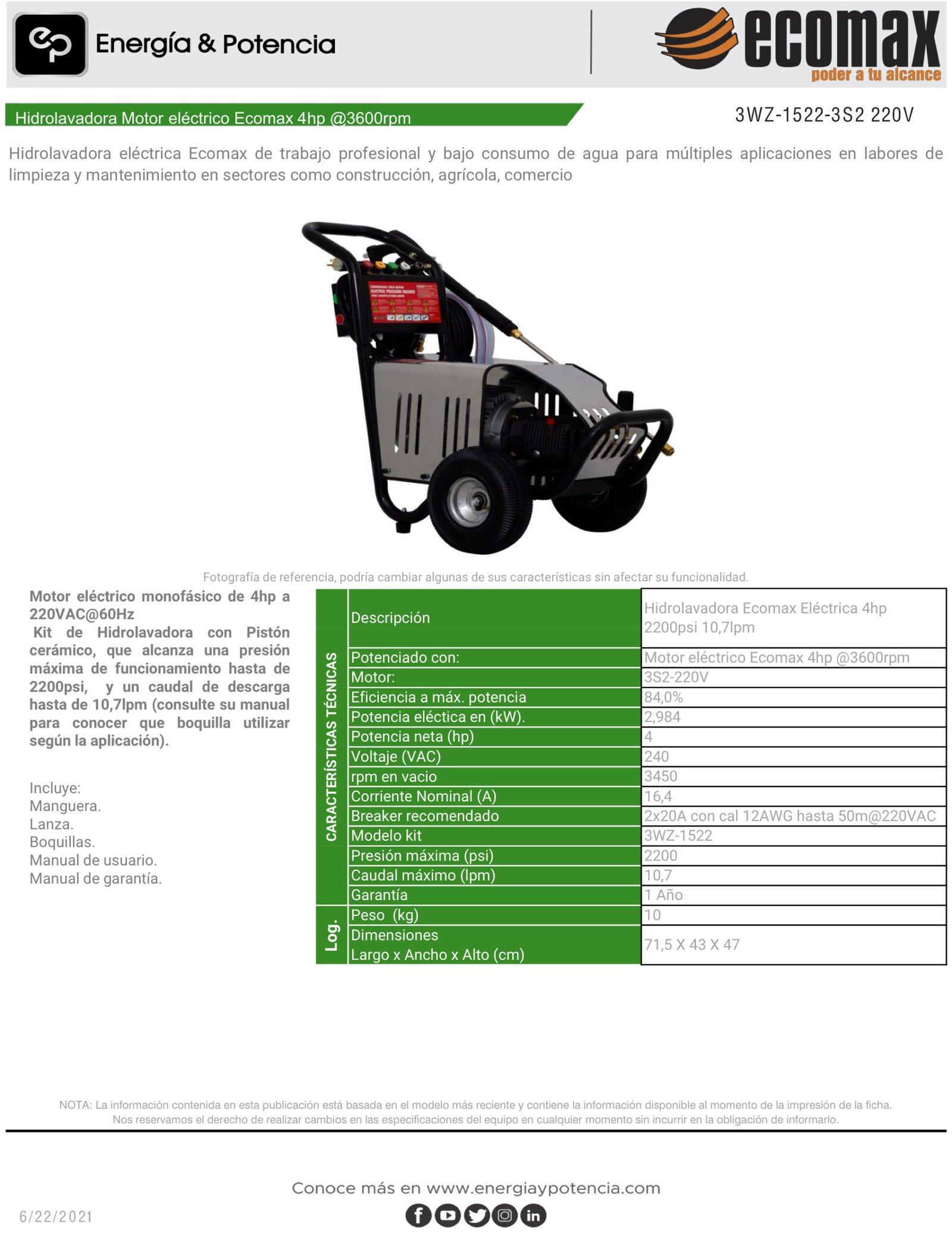 Hidrolavadora Eléctrica Ecomax 2200 PSI 4HP – Pistón Acero endurecido, Industrial Agrícola 220V 3WZ-1522 - Imagen 4