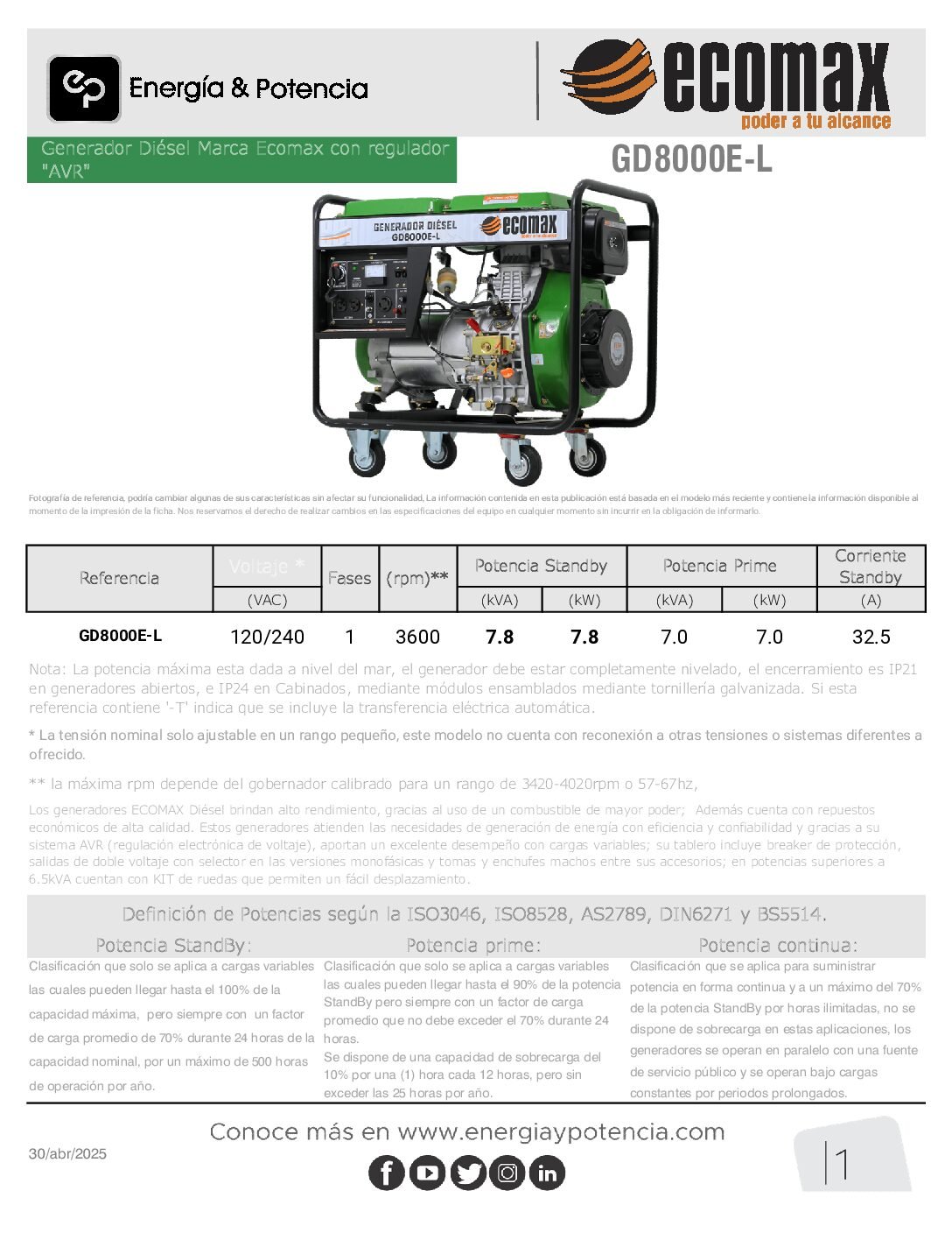 Generador Diésel Ecomax GD8000E-L 7.8KW AVR 120/240V – Arranque Eléctrico Finca Industria Minería - Imagen 3