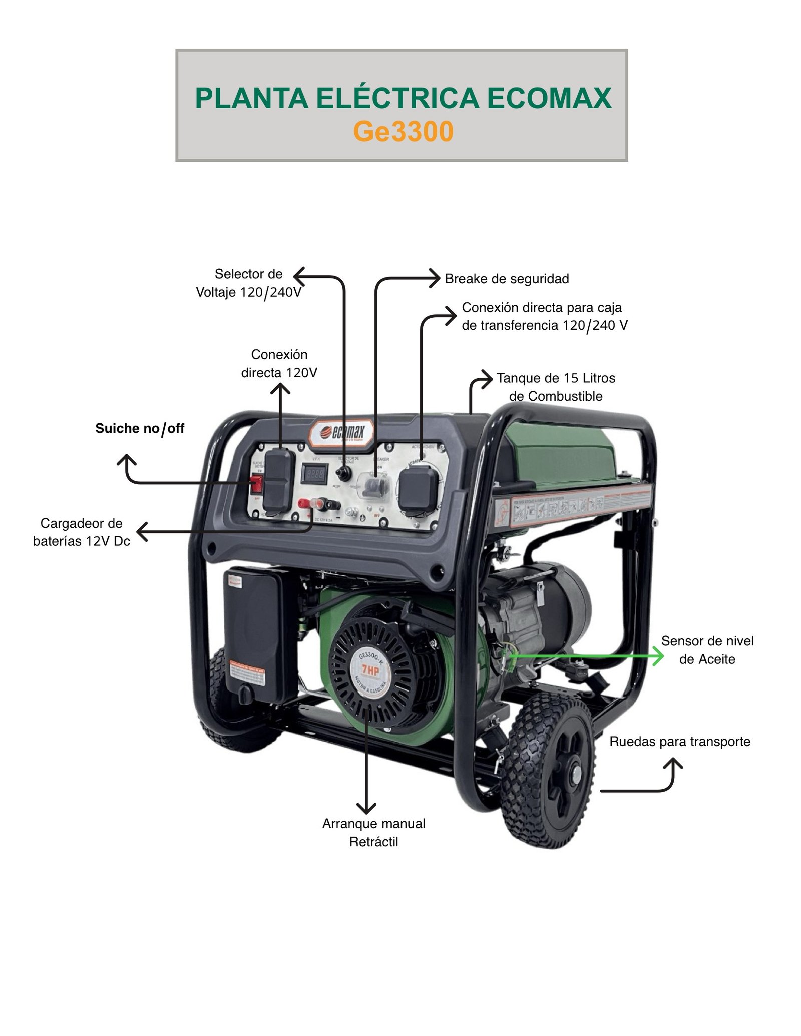 Planta Eléctrica Ecomax GE3300-K 3.2KW AVR 120/240V Hogar, Finca, Respaldo - Imagen 2