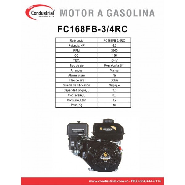 Motor Gasolina Warrior 6.5HP 3600RPM – Eje Rosca Cuña 3/4" Motobomba Hidrolavadora Agro - Imagen 2